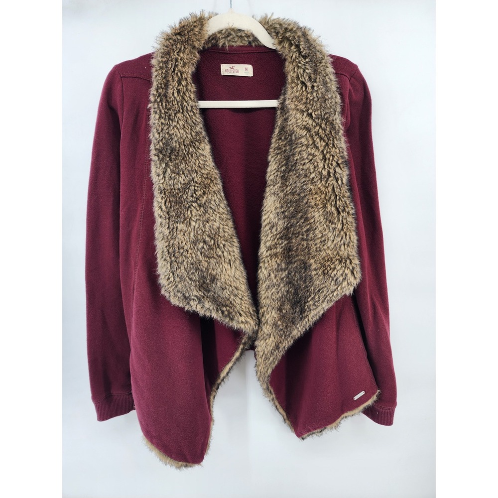 Hollister Burgundy Faux Fur Trim Open‎ Front Cardigan Sweater Jacket Burgundy M